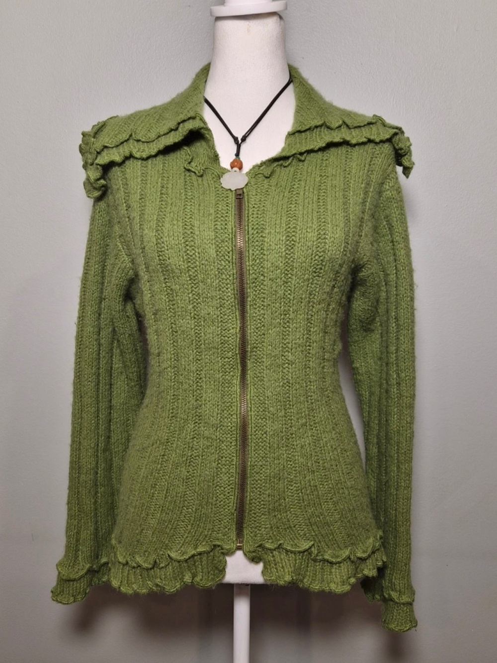 April Cornell Vintage Mori Kei Fairy Mossy Green Lettuce Hem Wool Blend Sweater